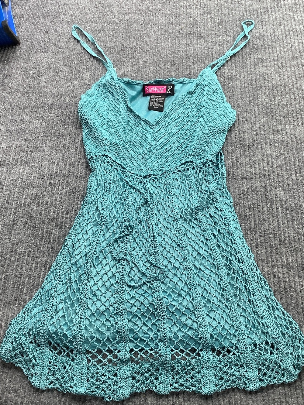Say What? Teal Crochet Knit Spaghetti Strap Tank Dress